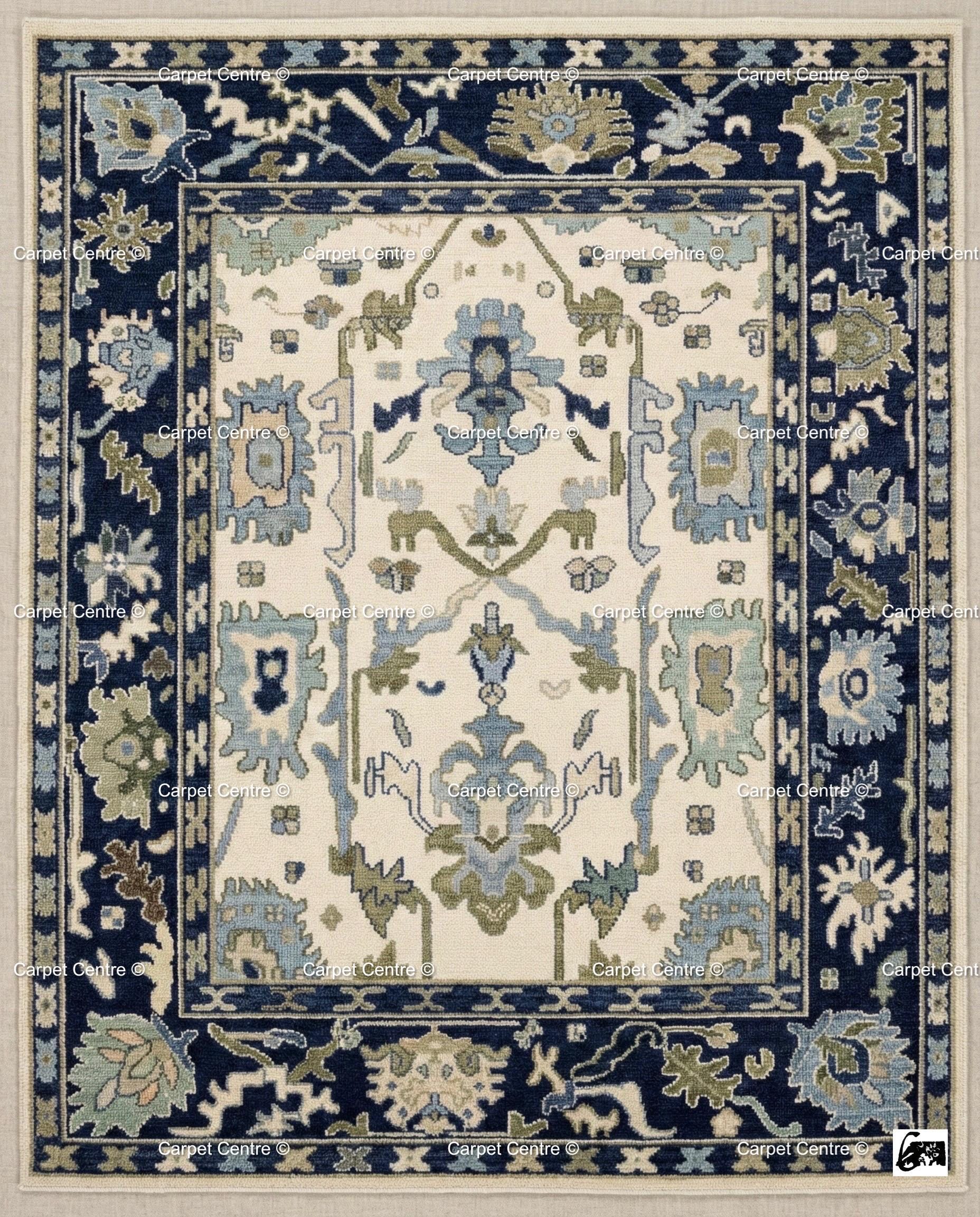 Hand Knotted Wool Oushak Rug | Navy, Cream, and Sage