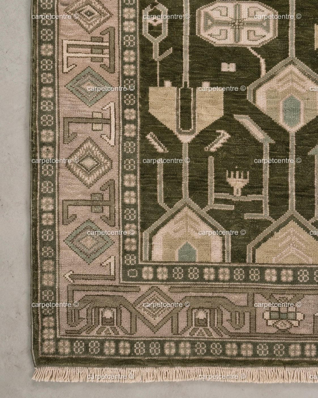 Hand Knotted Oushak Rug, Olive Green Wool, Geometric Tribal Anatolian Carpet