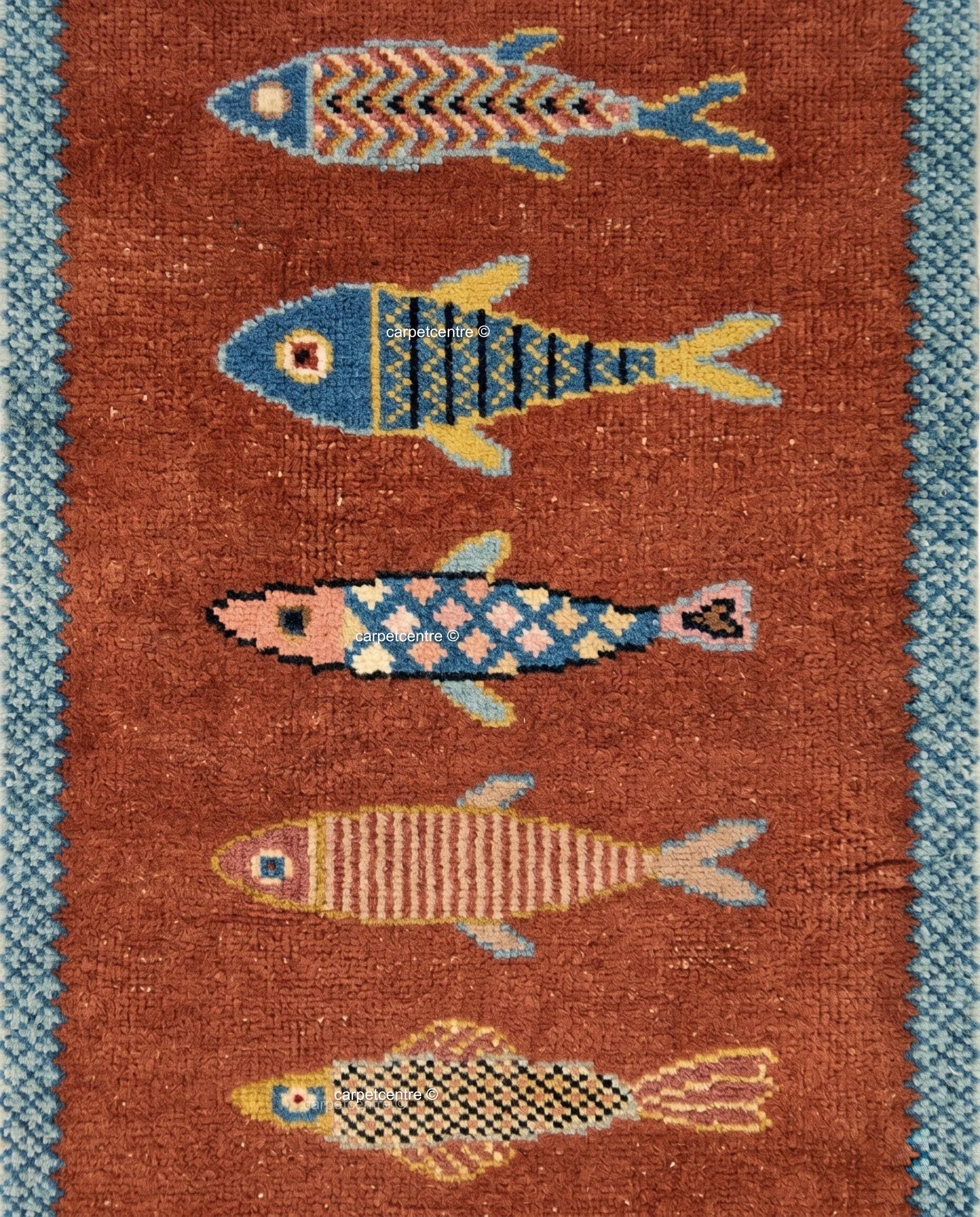 Hand-Knotted Wool Fish Runner Rug: Oushak Pictorial Coastal Style Area Carpet