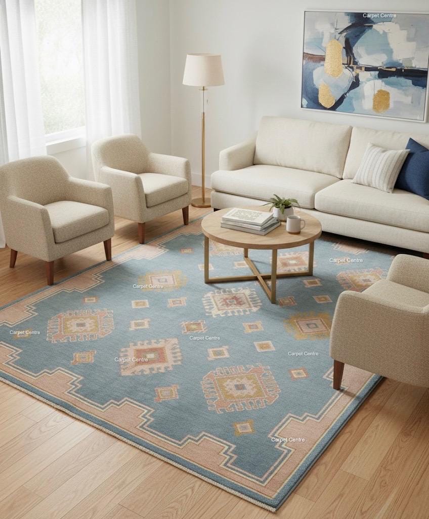 Hand-Knotted Wool Oushak Rug, Light Blue, Blush Pink Border