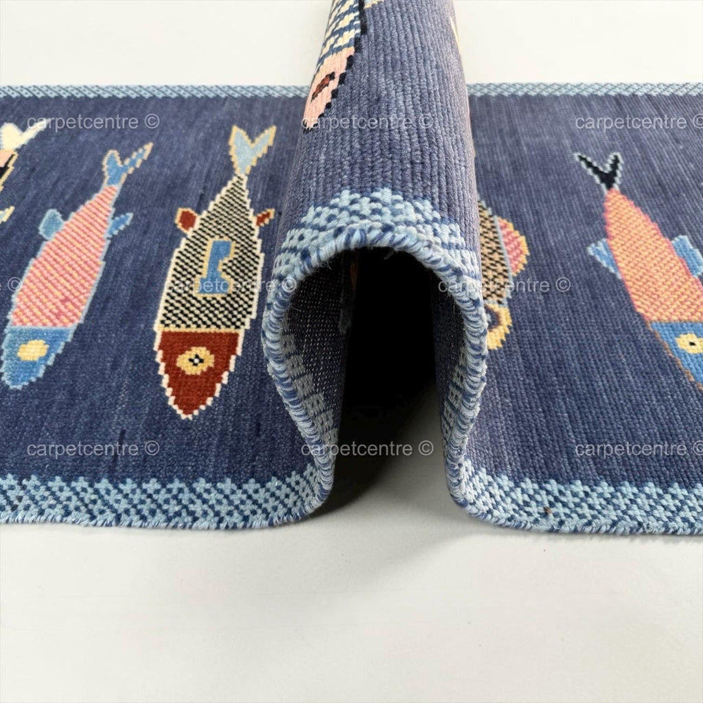 Hand Knotted Oushak Runner Rug, New Zealand Wool, Fish Motif Hallway Runner