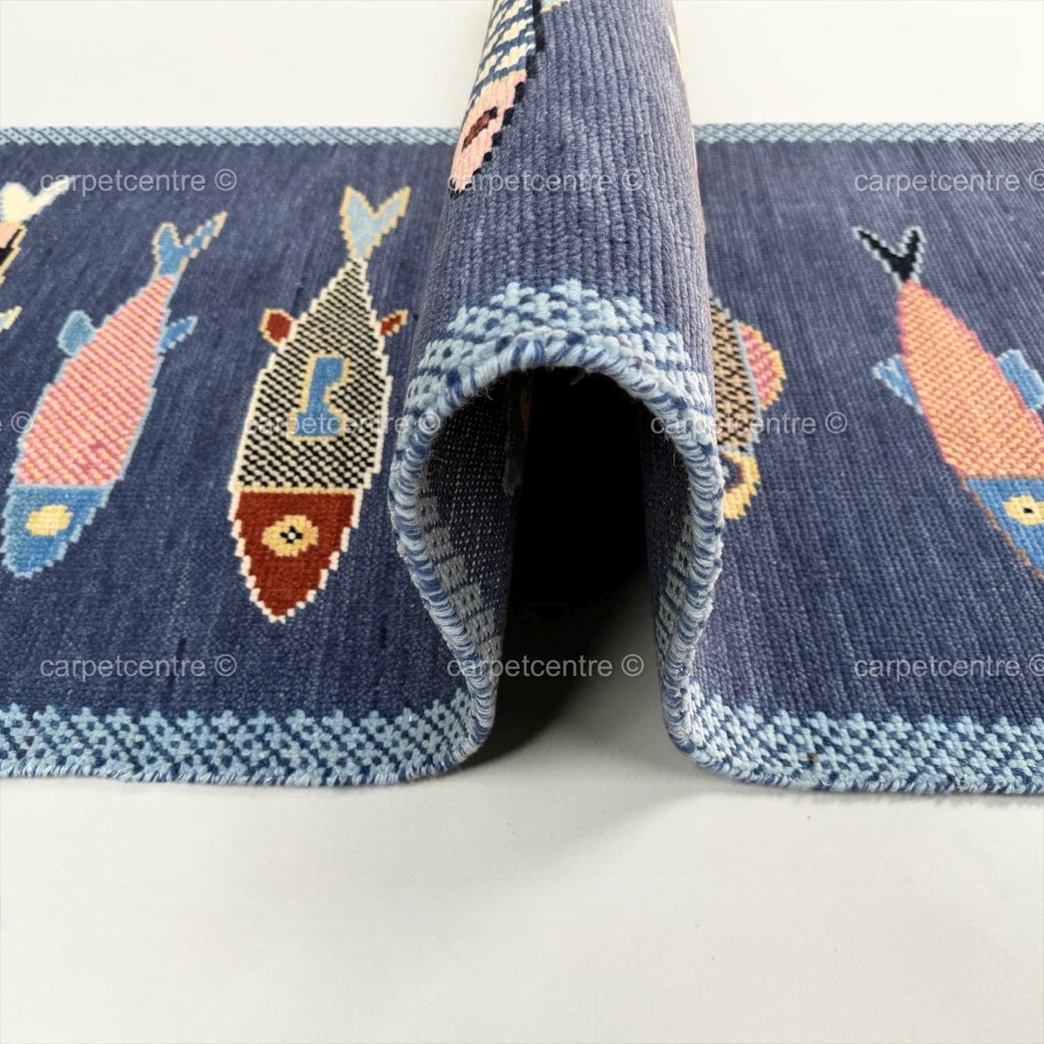 Hand Knotted Oushak Runner Rug, New Zealand Wool, Fish Motif Hallway Runner