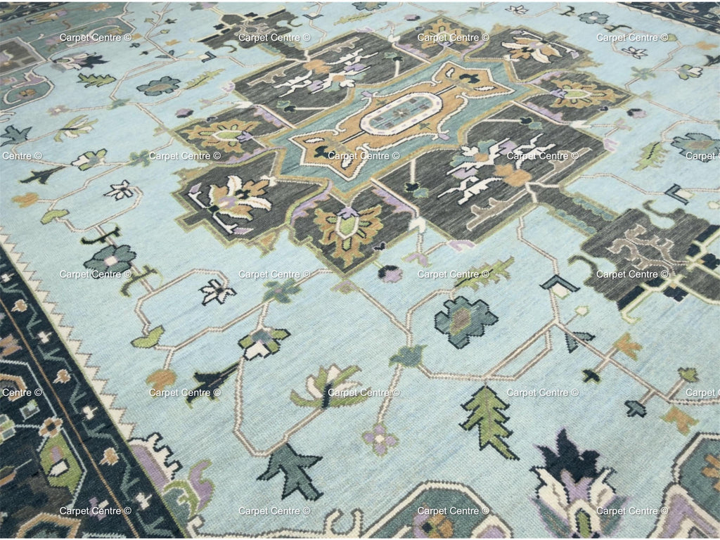 Hand Knotted Oushak Wool Rug, Aqua Navy Geometric Serapi Style