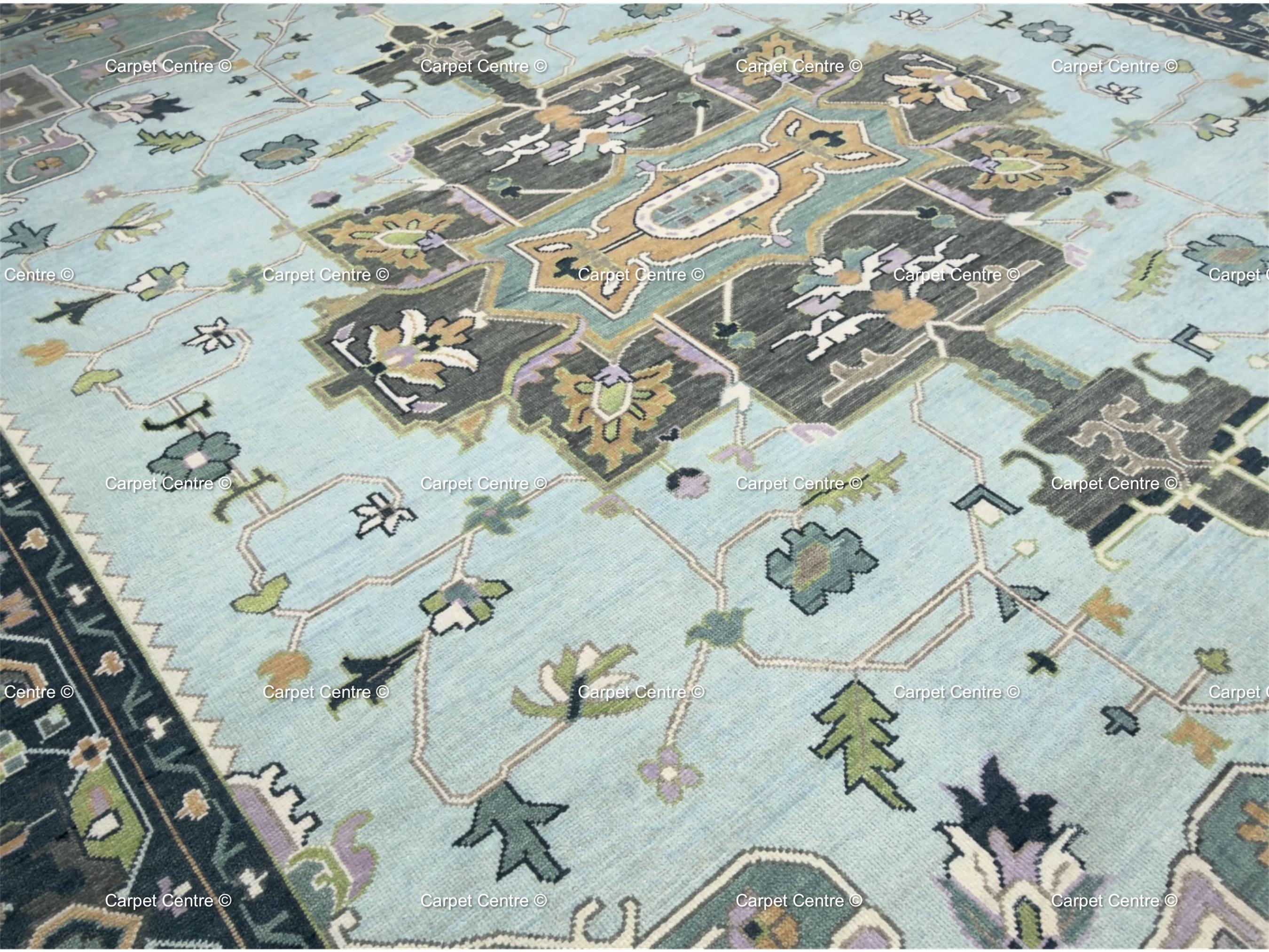 Hand Knotted Oushak Wool Rug, Aqua Navy Geometric Serapi Style