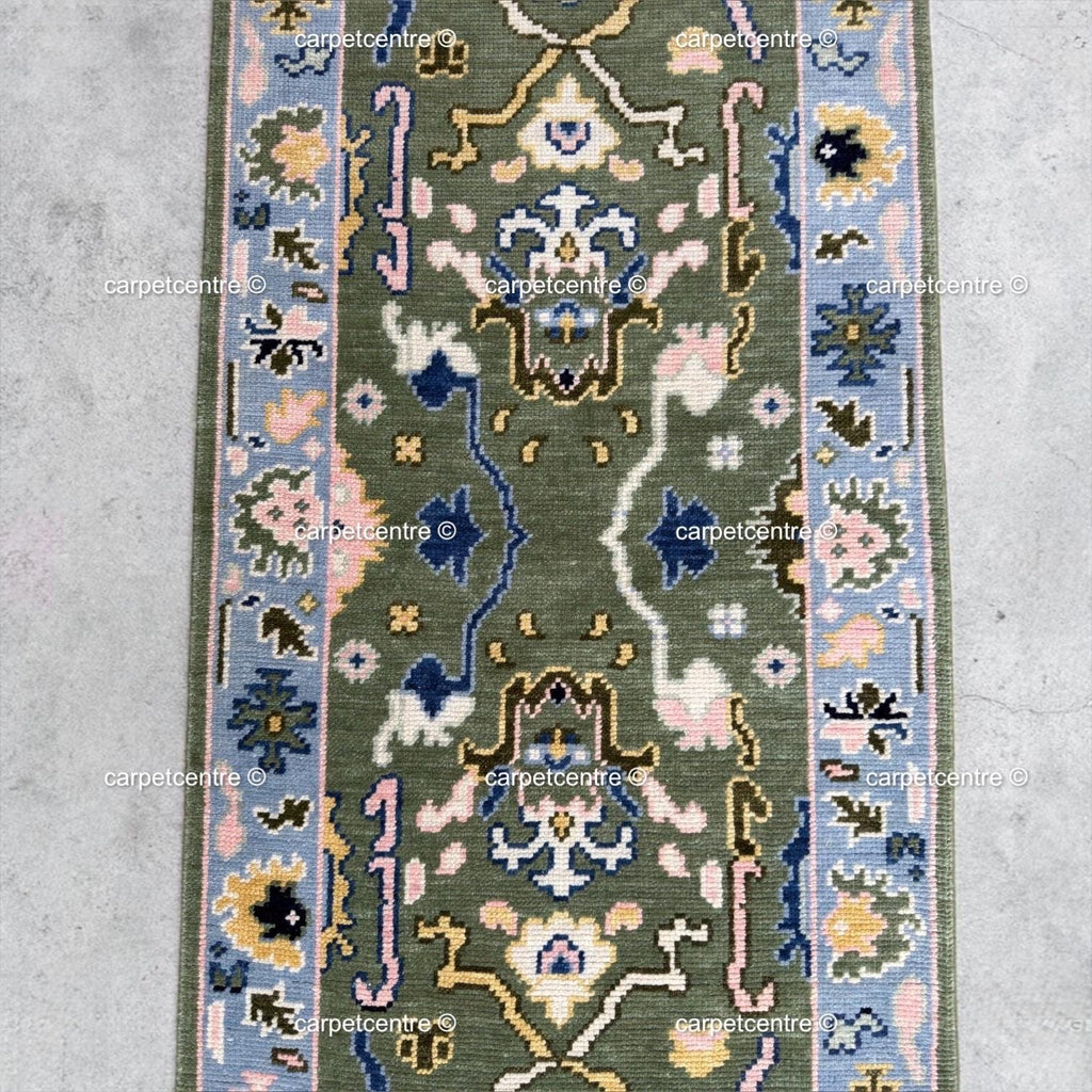 Sage Green Oushak Wool Runner, Floral Hallway Rug, Boho Kitchen Mat