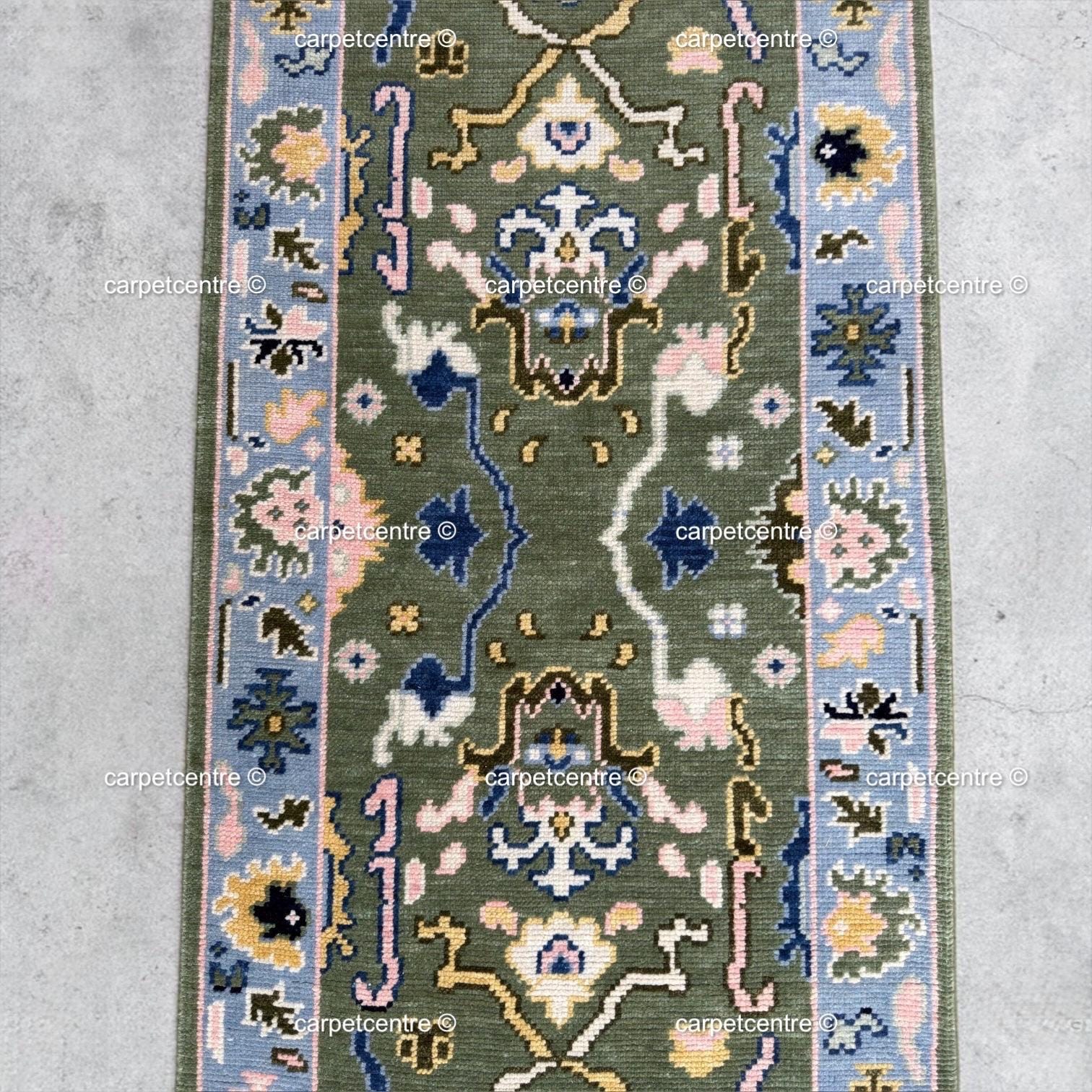 Sage Green Oushak Wool Runner, Floral Hallway Rug, Boho Kitchen Mat