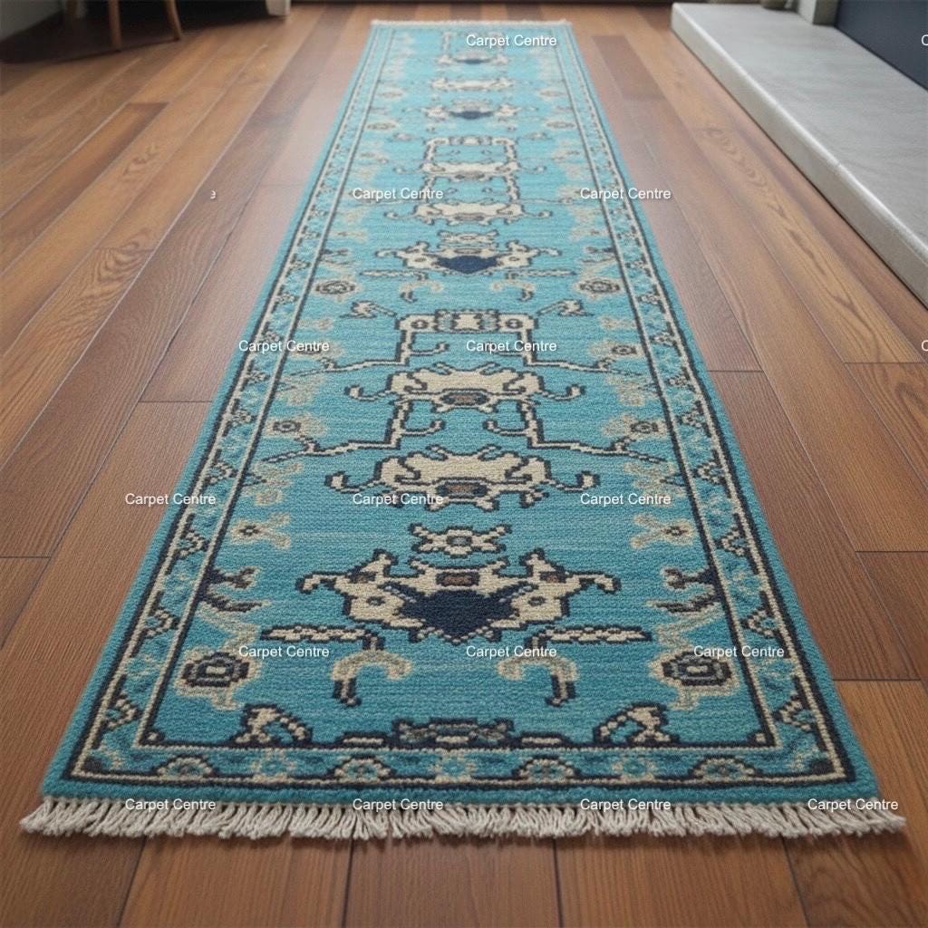 Teal Oushak Runner Rug, Hand-Knotted Wool, Tribal Geometric Design