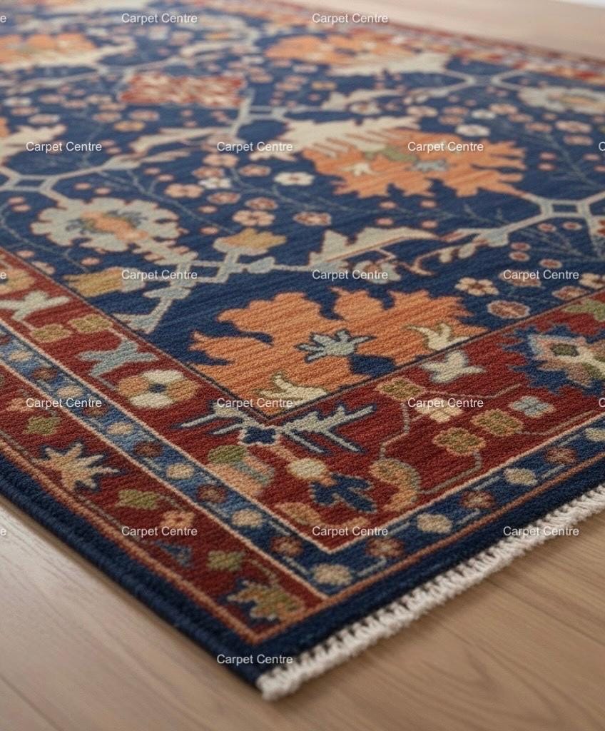 Navy Blue Hand-Knotted Wool Rug, Heriz Oushak Style
