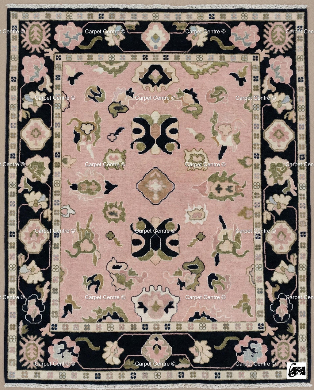 Hand Knotted Wool Oushak Rug, Blush Pink Geometric Floral, Black Border