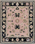 Hand Knotted Wool Oushak Rug, Blush Pink Geometric Floral, Black Border