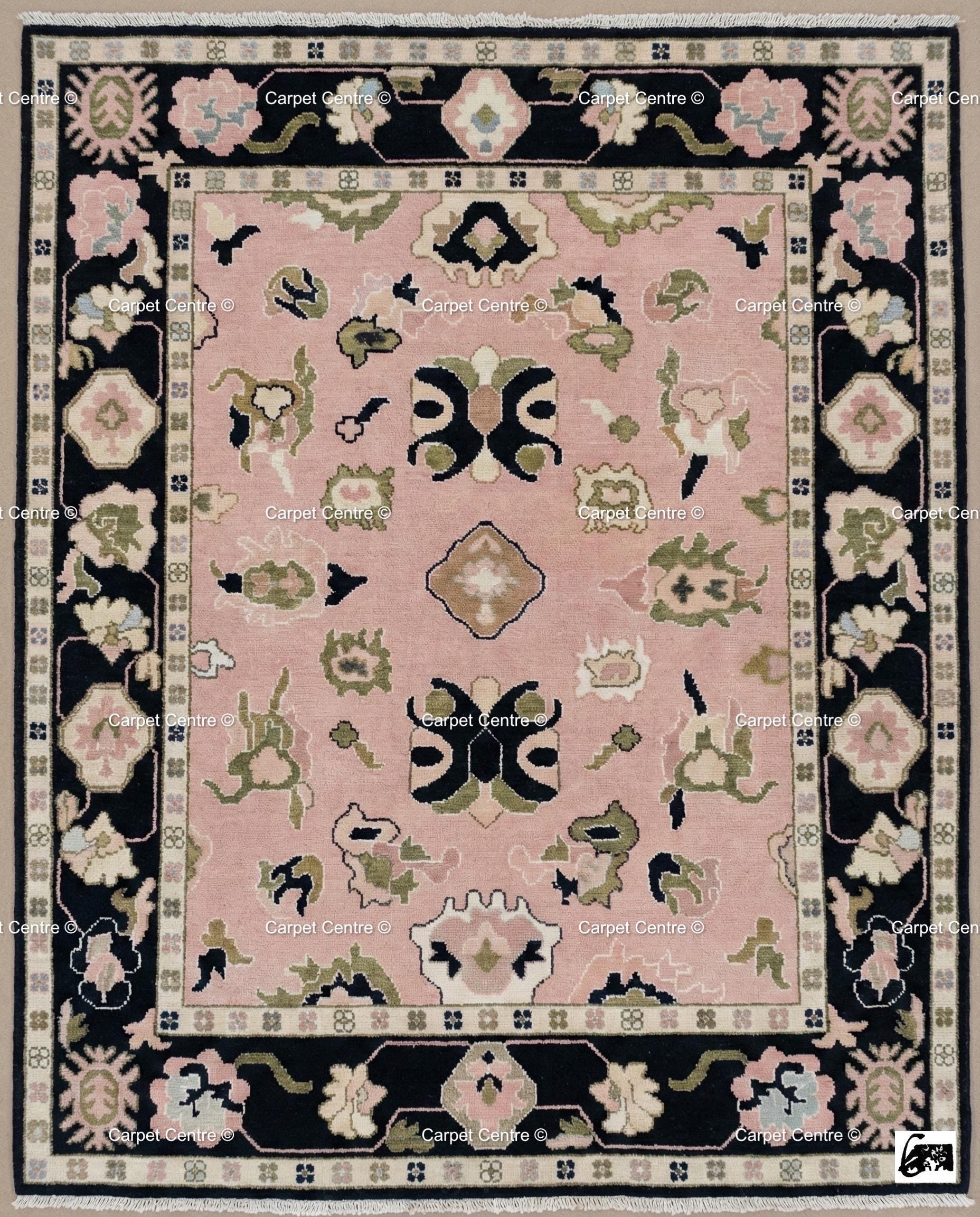 Hand Knotted Wool Oushak Rug, Blush Pink Geometric Floral, Black Border
