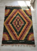Green Moroccan Shag Rug, Hand-Knotted Wool, Geometric Diamond, Boho Style