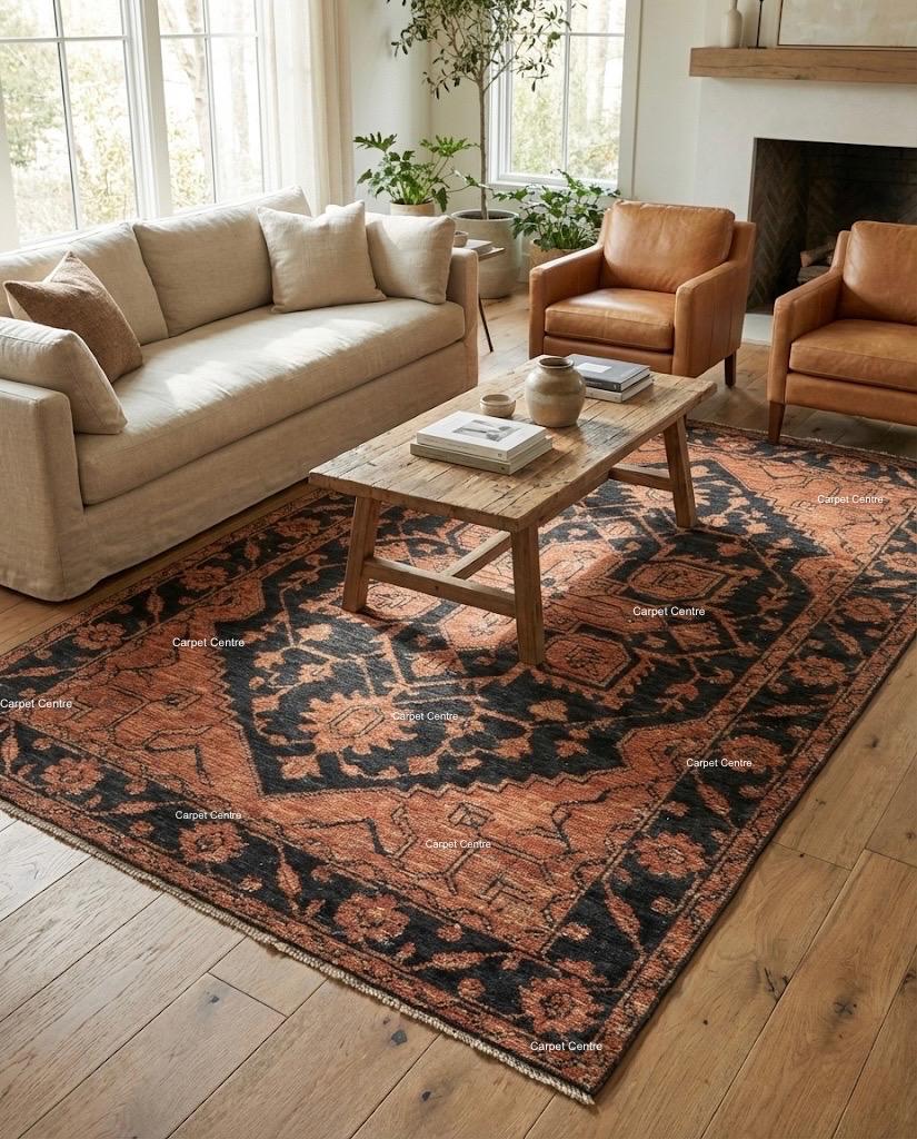 Handmade Oushak Wool Rug, Black and Rust Geometric Medallion