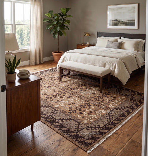 Hand Knotted Oushak Rug: New Zealand Wool, Tribal Geometric Design
