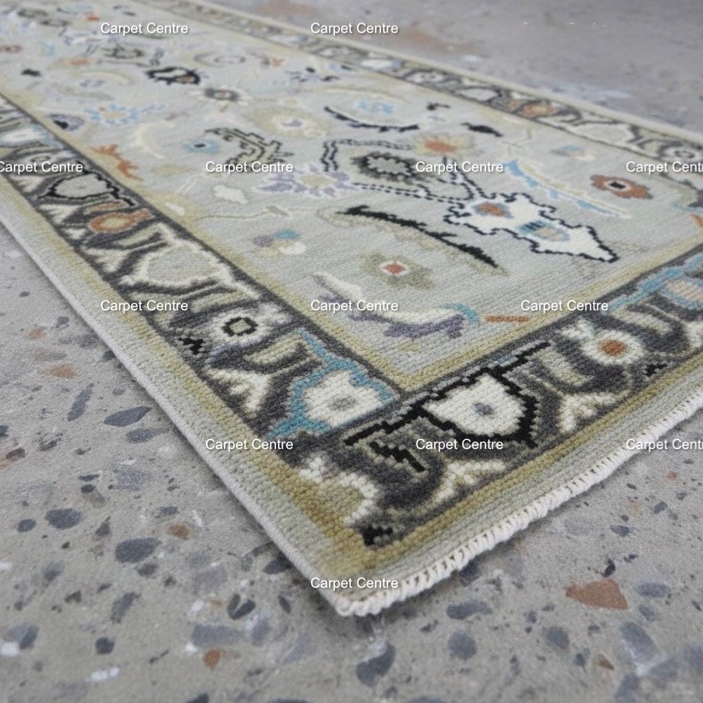 Hand-Knotted Oushak Wool Runner Rug: Neutral Sage Green Medallion Design