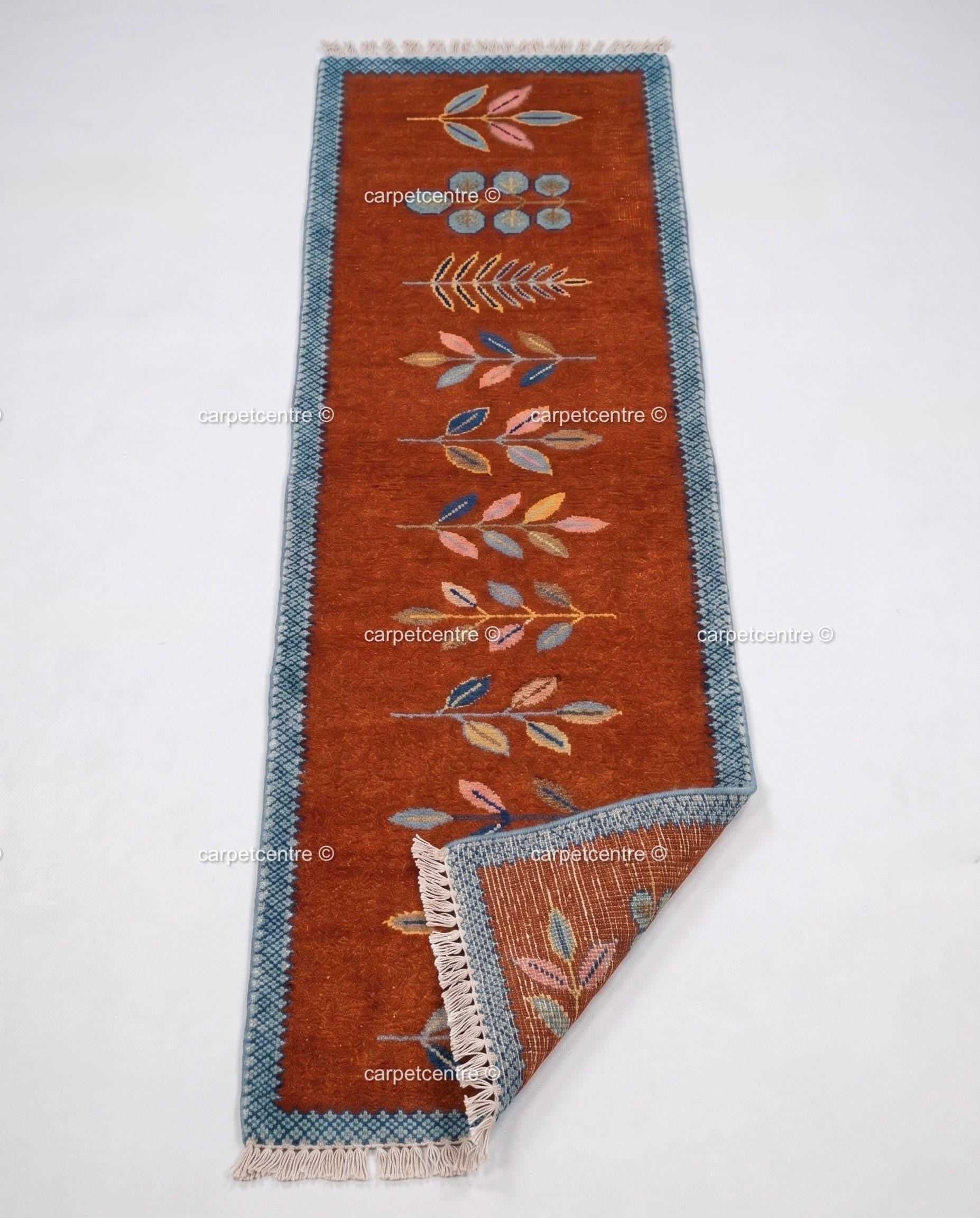 Botanical Leaf Runner Rug: Rust Orange Colorful Carpet Handmade Wool Area Rug