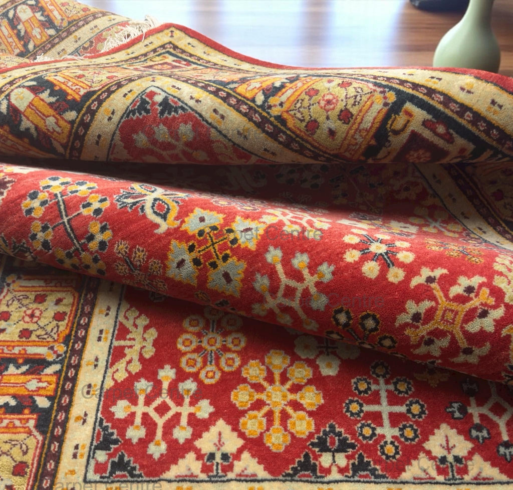Red New Zealand Wool Rug: Hand-Knotted Geometric 5'7" x 7'10"