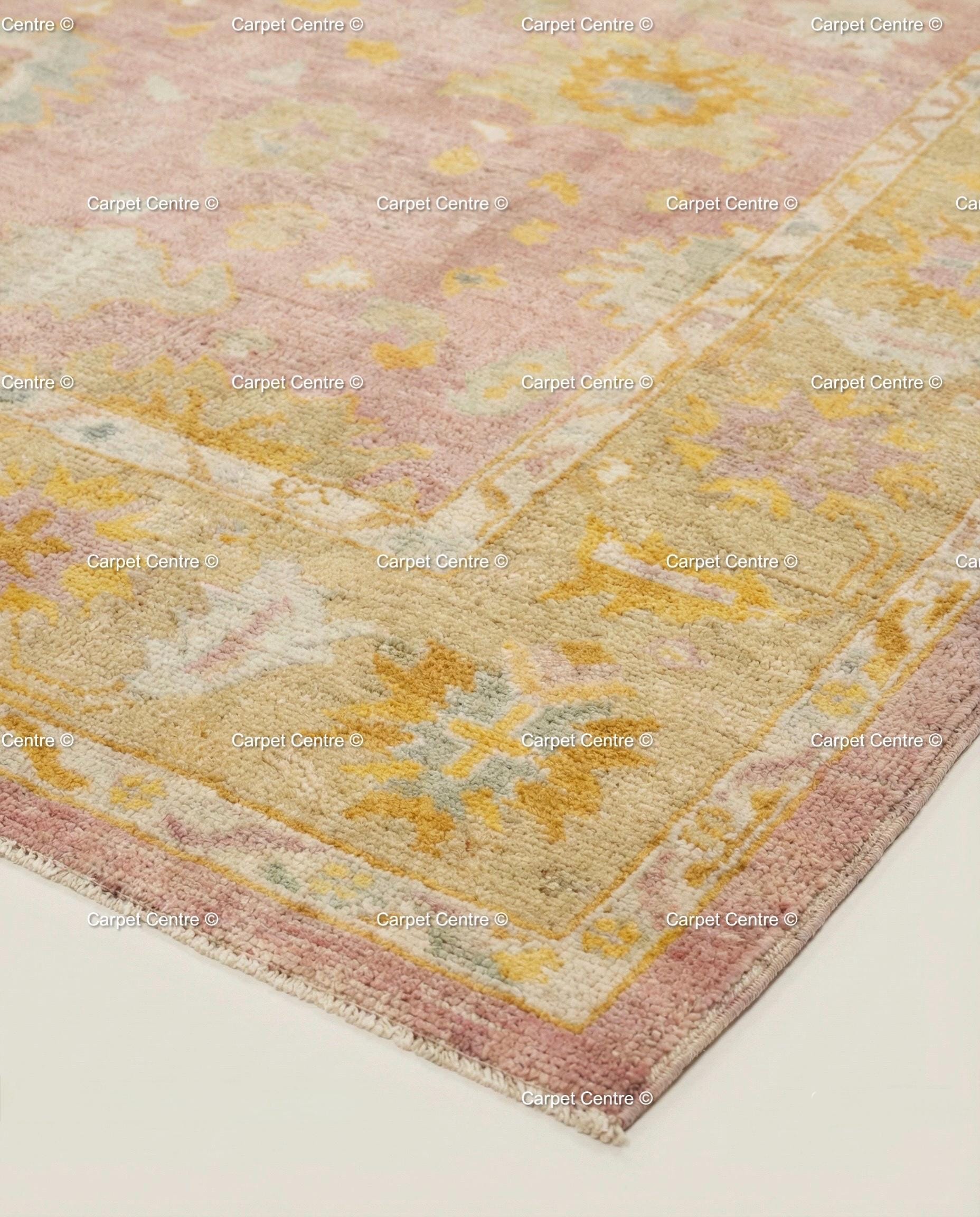 Hand Knotted Wool Oushak Rug, Pink Floral, Vintage Turkish Style