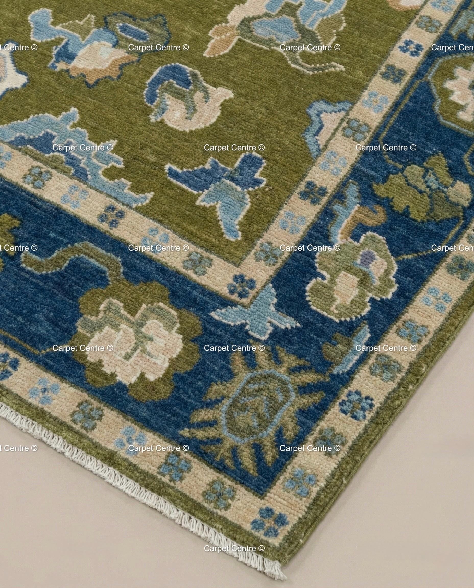 Hand Knotted Wool Oushak Rug, Olive Green, Navy Border
