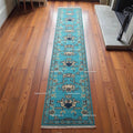 Teal Oushak Runner Rug, Hand-Knotted Wool, Tribal Geometric Design