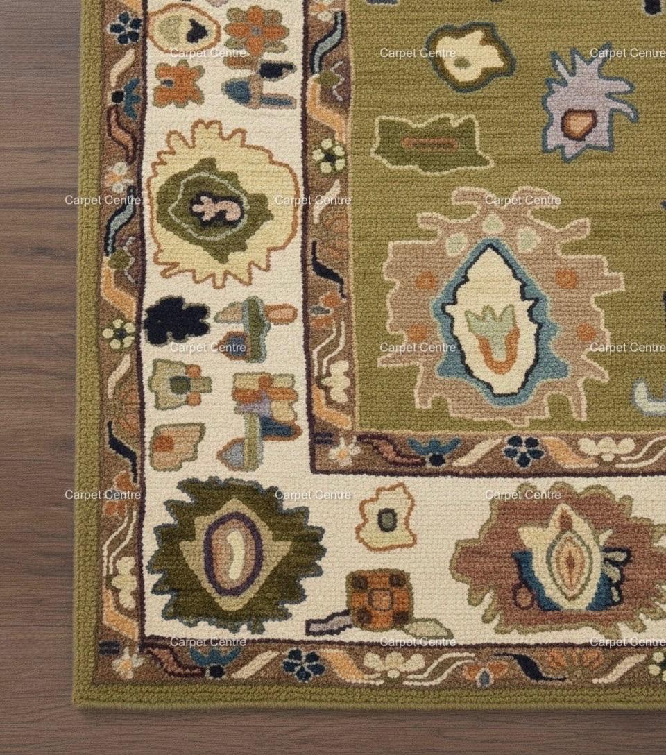 Olive Green Oushak Rug, Hand-Knotted Wool, Eclectic Boho Style