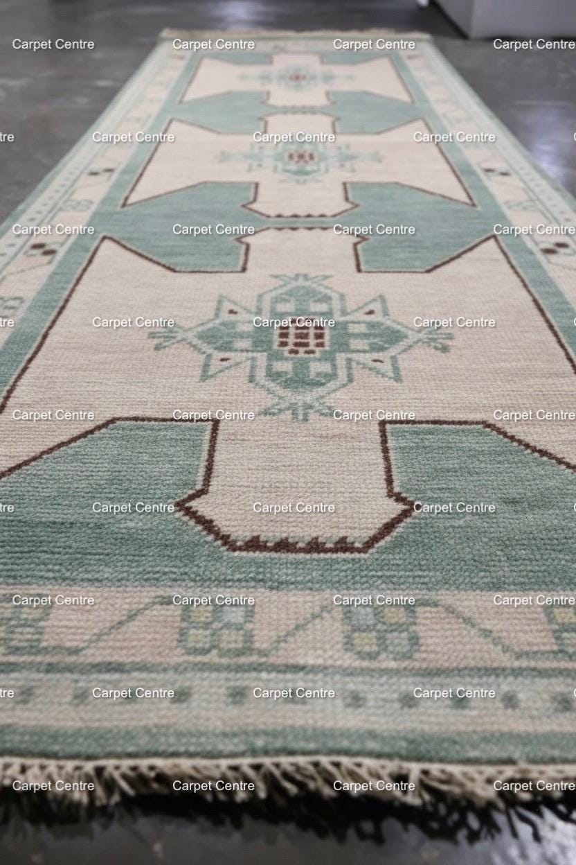 Hand Knotted Oushak Wool Runner Rug | Mint Green Geometric Design