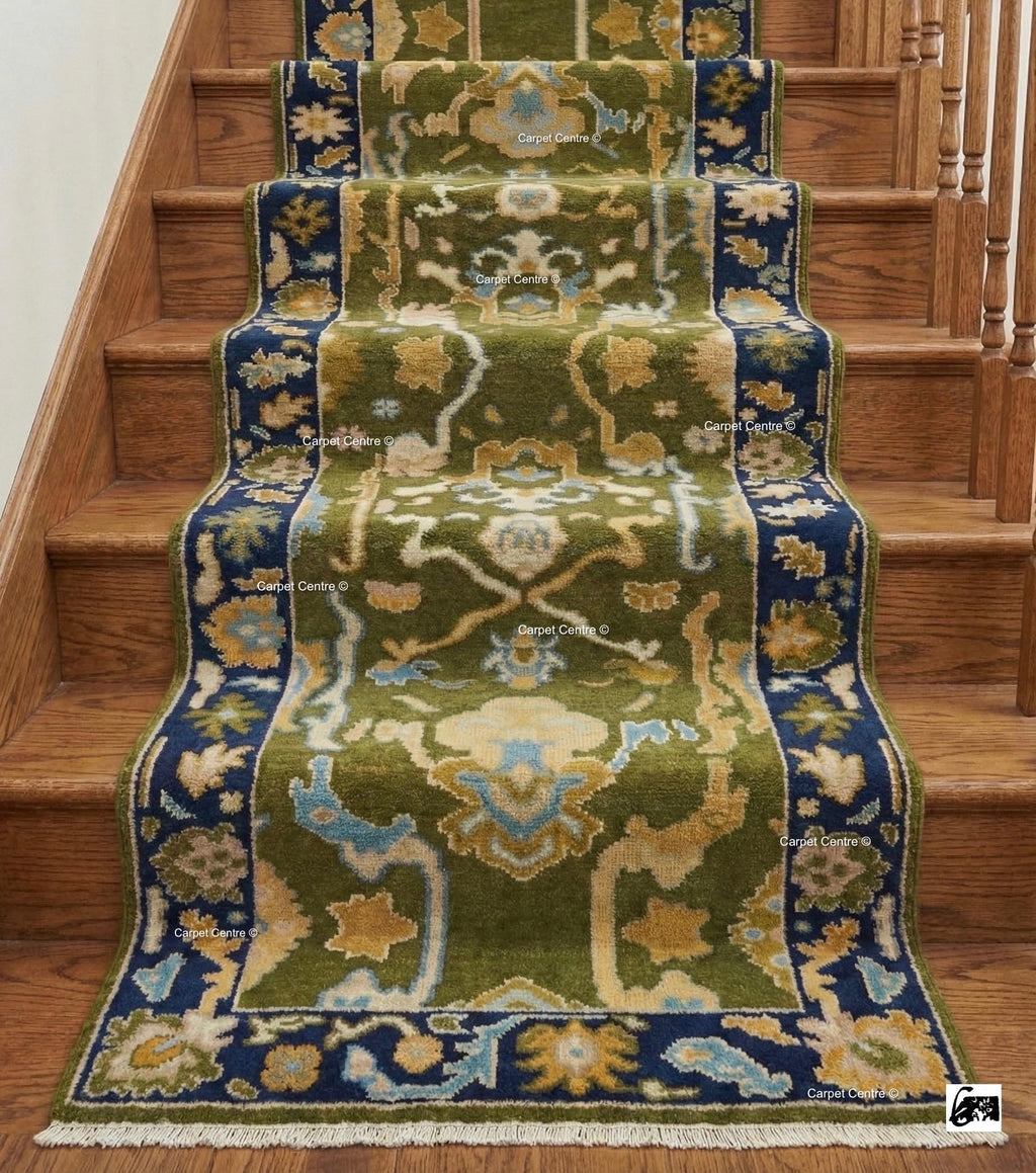Hand Knotted Oushak Runner, Olive Green, Navy Border, Turkish Wool