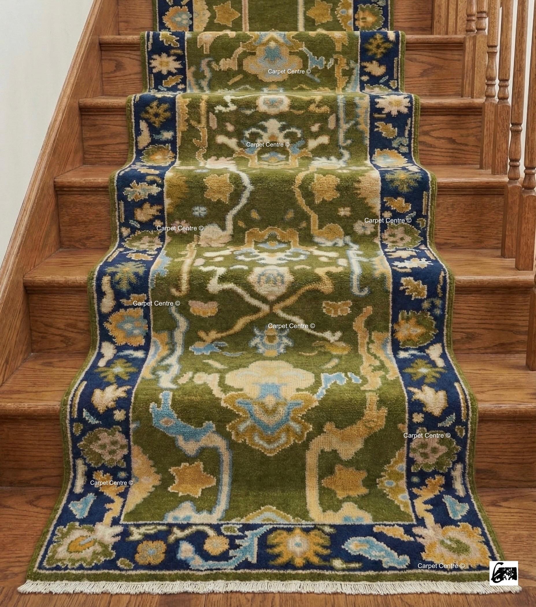 Hand Knotted Oushak Runner, Olive Green, Navy Border, Turkish Wool