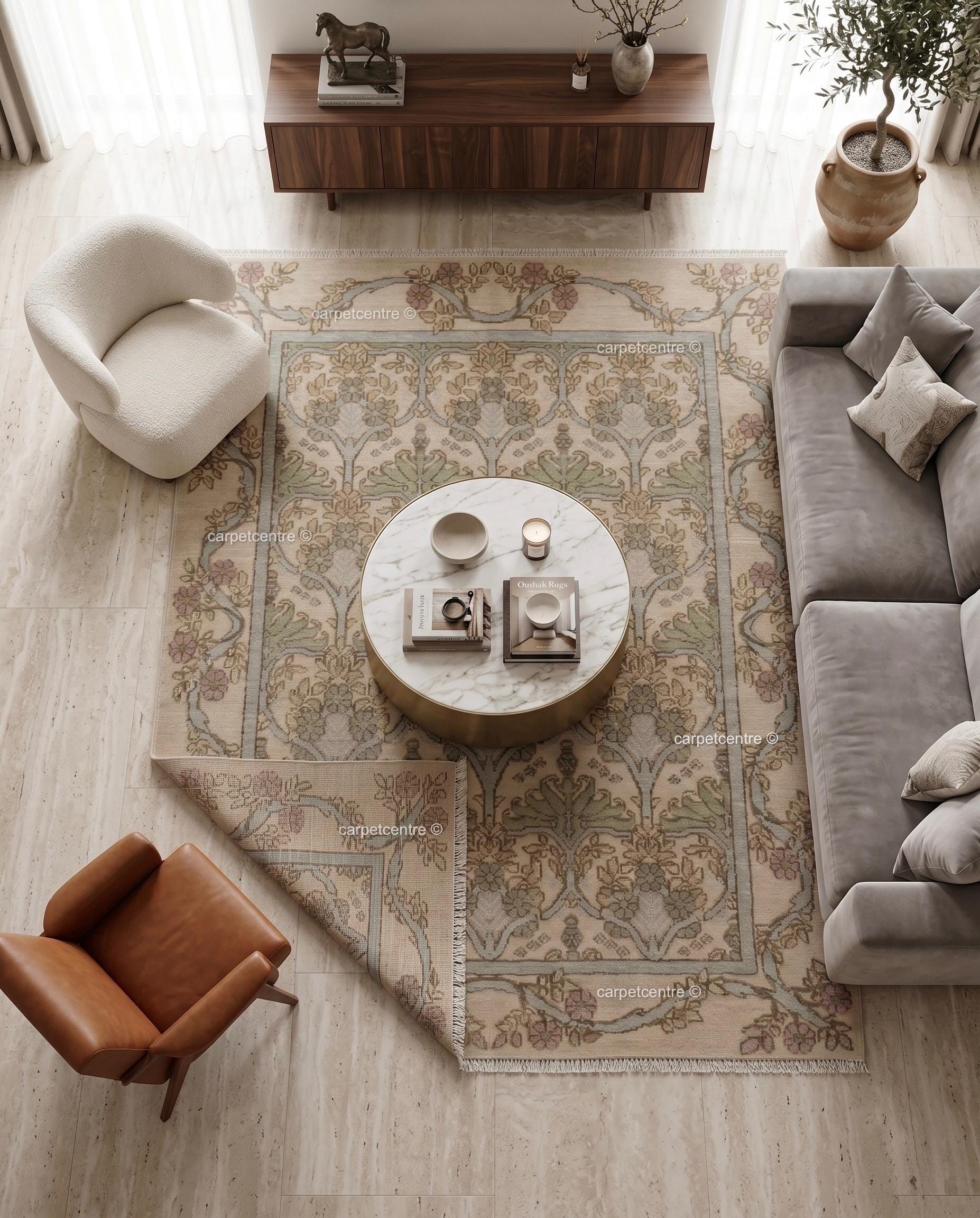 Muted Floral Botanical Oushak Rug | Sage Green Beige Wool Carpet | French Country Cottagecore Home
