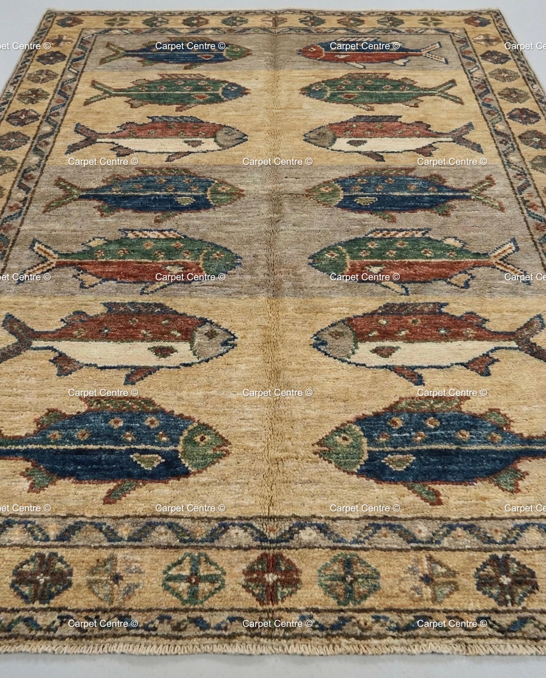 Handmade Wool Fish Rug, Turkish Oushak, Coastal Cabin Decor