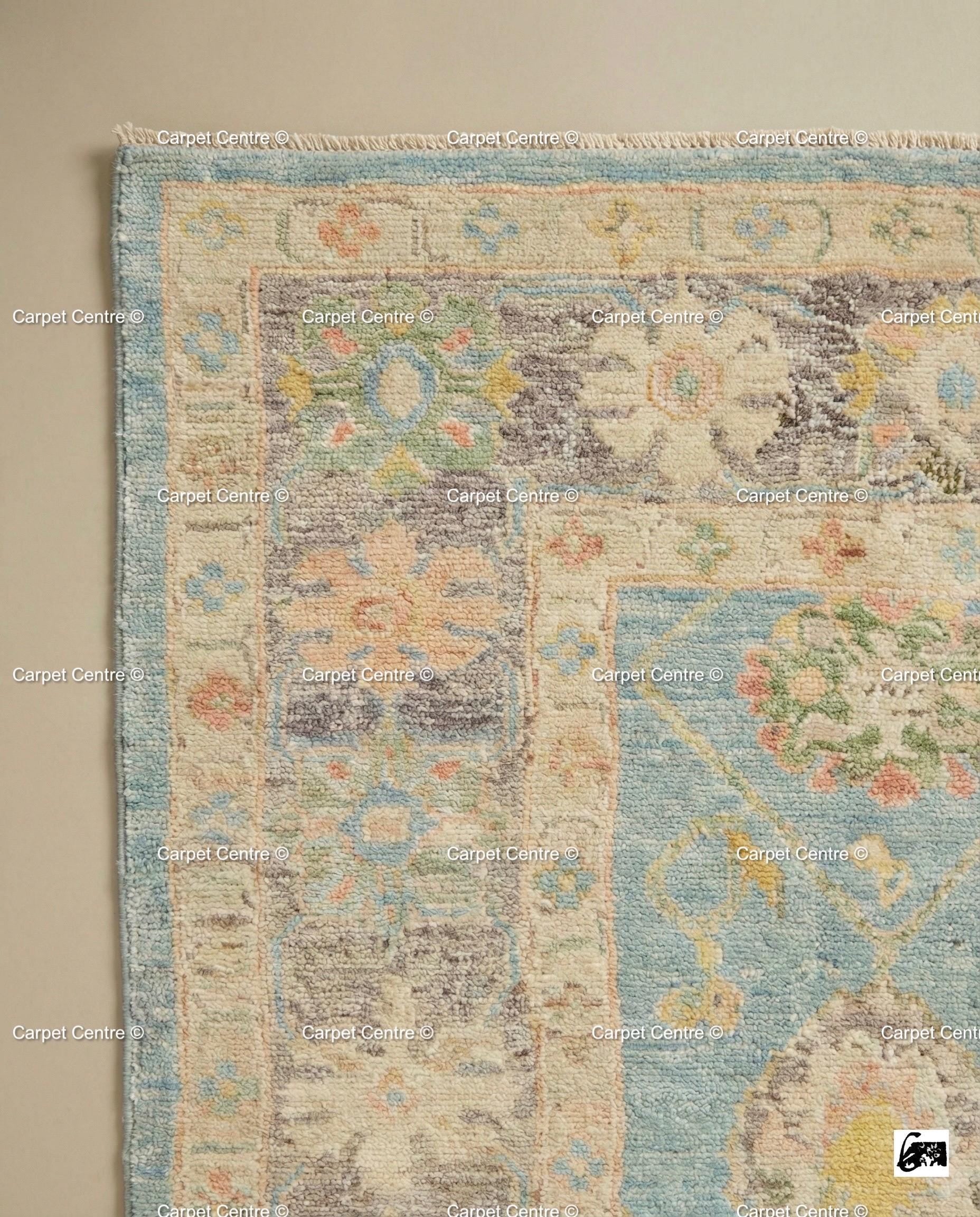 Handmade Sky Blue Oushak Wool Rug, Turkish Knot, Coastal Farmhouse Decor