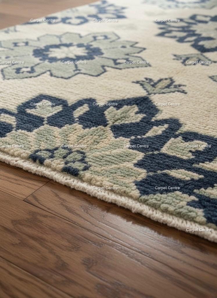 Handmade Ivory Oushak Wool Rug, Navy Blue & Sage Green Floral