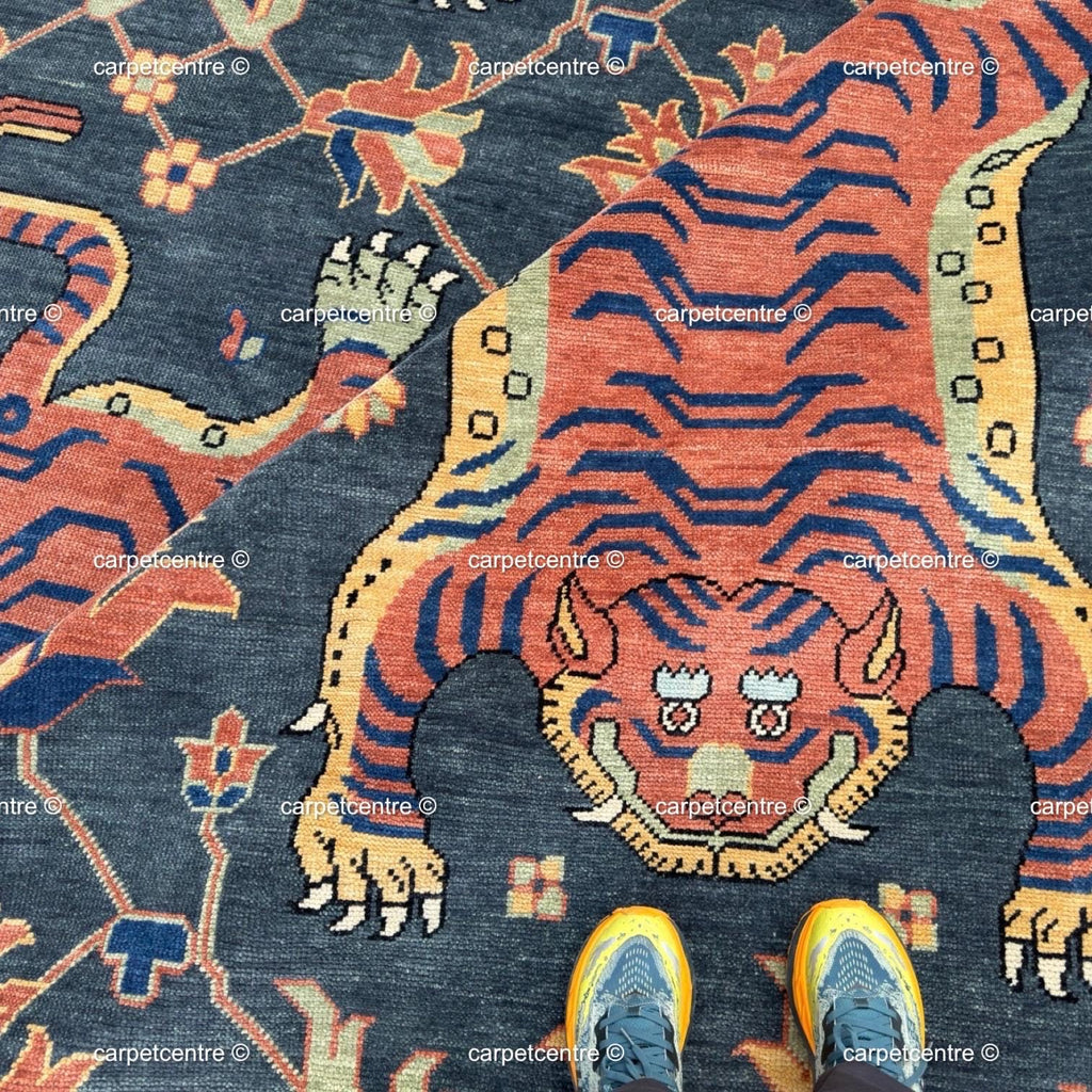 Tibetan Tiger Print Oushak Rug, Hand Knotted Wool 6x8 8x10 9x12 10x14 Area Carpet, Charcoal Rust Maximalist Decor Living Room Bedroom Decor