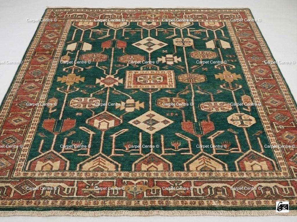 Green Hand Knotted Wool Oushak Rug – Turkish Vintage Tribal Decor