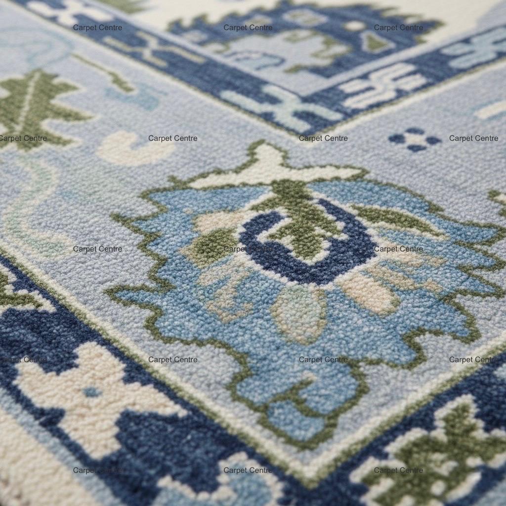 Hand-Knotted Wool Area Rug: Ivory & Blue Oushak Medallion Design