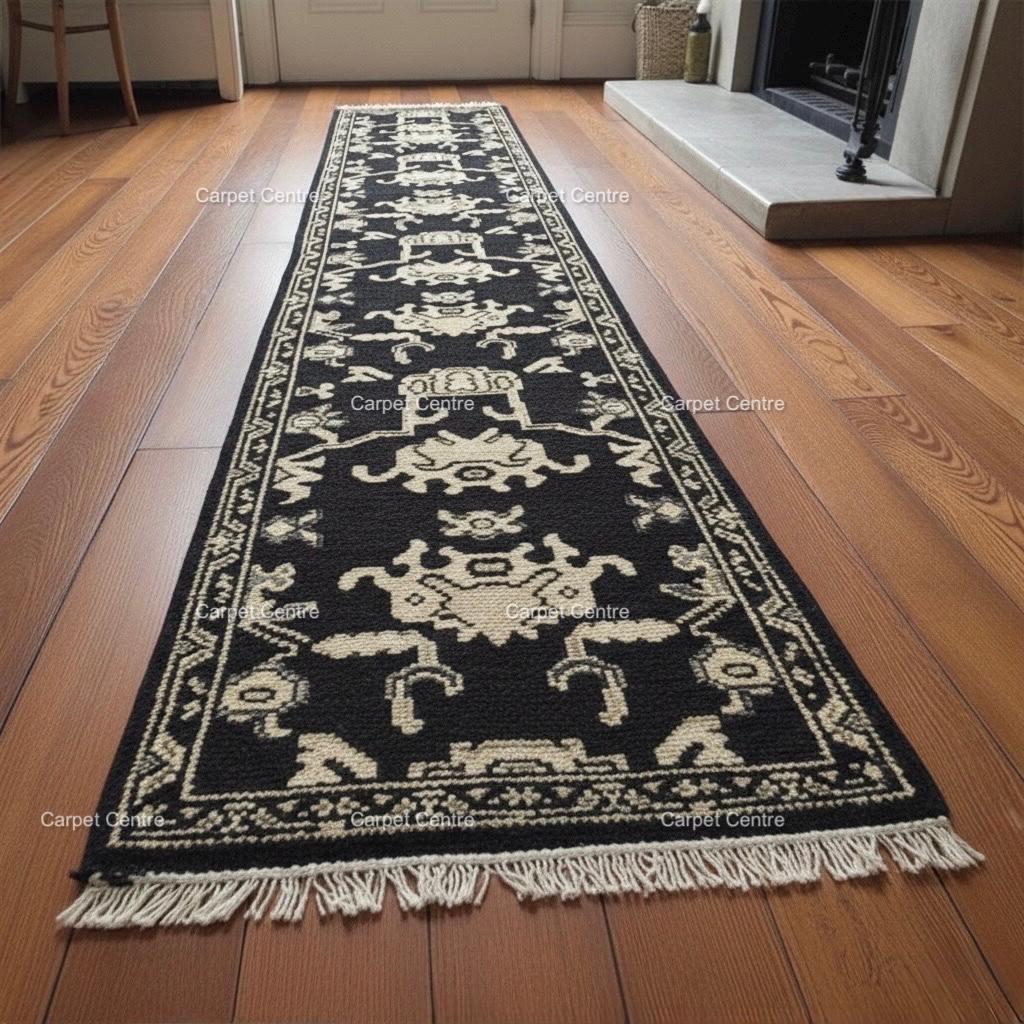 Handmade Wool Oushak Runner Rug, Black & Cream Geometric Entryway
