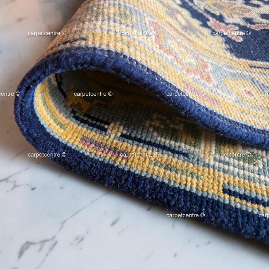 Handmade Navy Blue Oushak Runner Rug | Floral Hallway Entryway Wool Rug