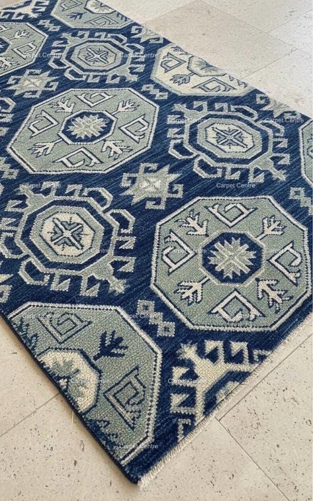 Navy Blue Turkish Oushak Wool Runner Rug, Gray Medallion
