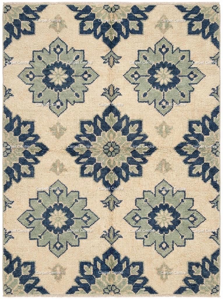 Handmade Ivory Oushak Wool Rug, Navy Blue & Sage Green Floral