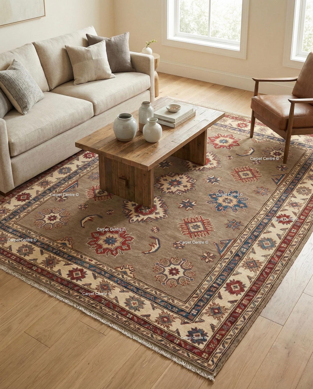 Taupe Oushak Rug, Hand Knotted Wool, Geometric Medallion