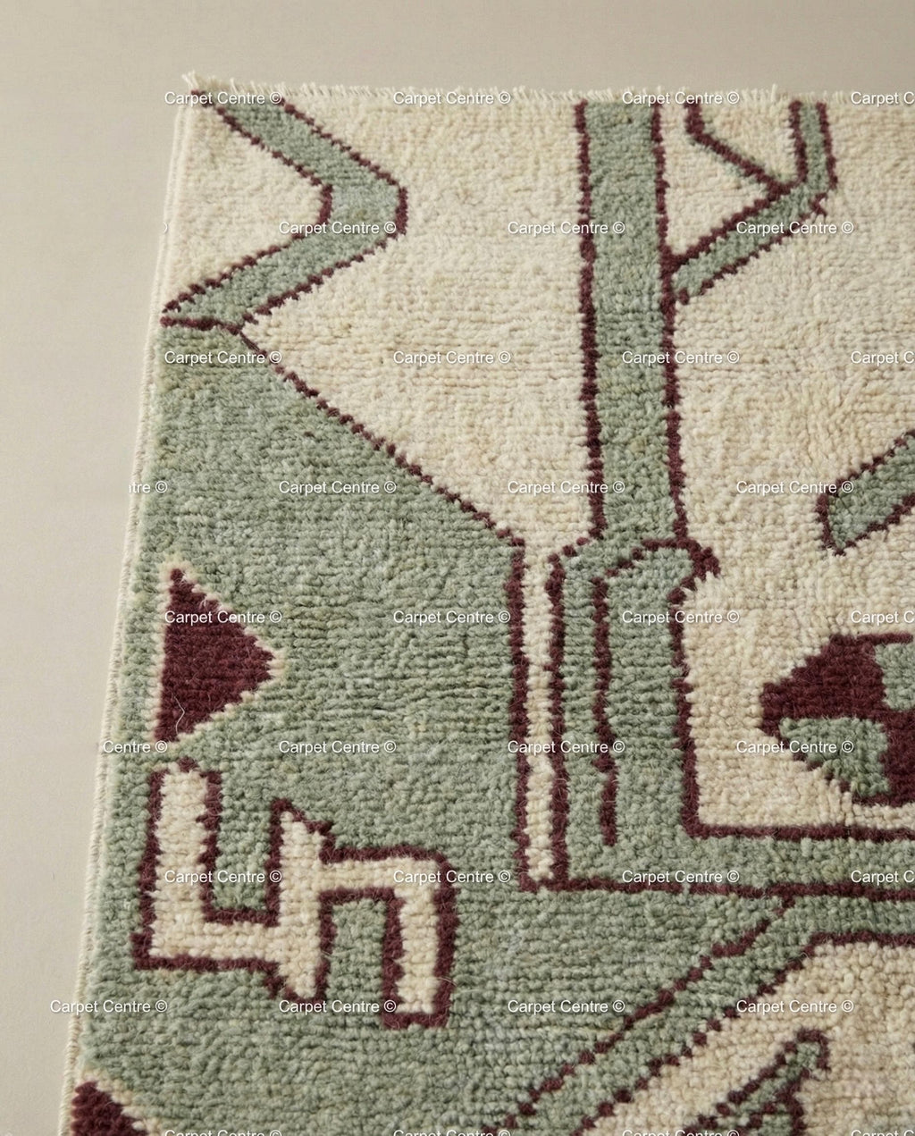 Cream Oushak Wool Runner Rug, Sage Green Geometric Turkish Knot