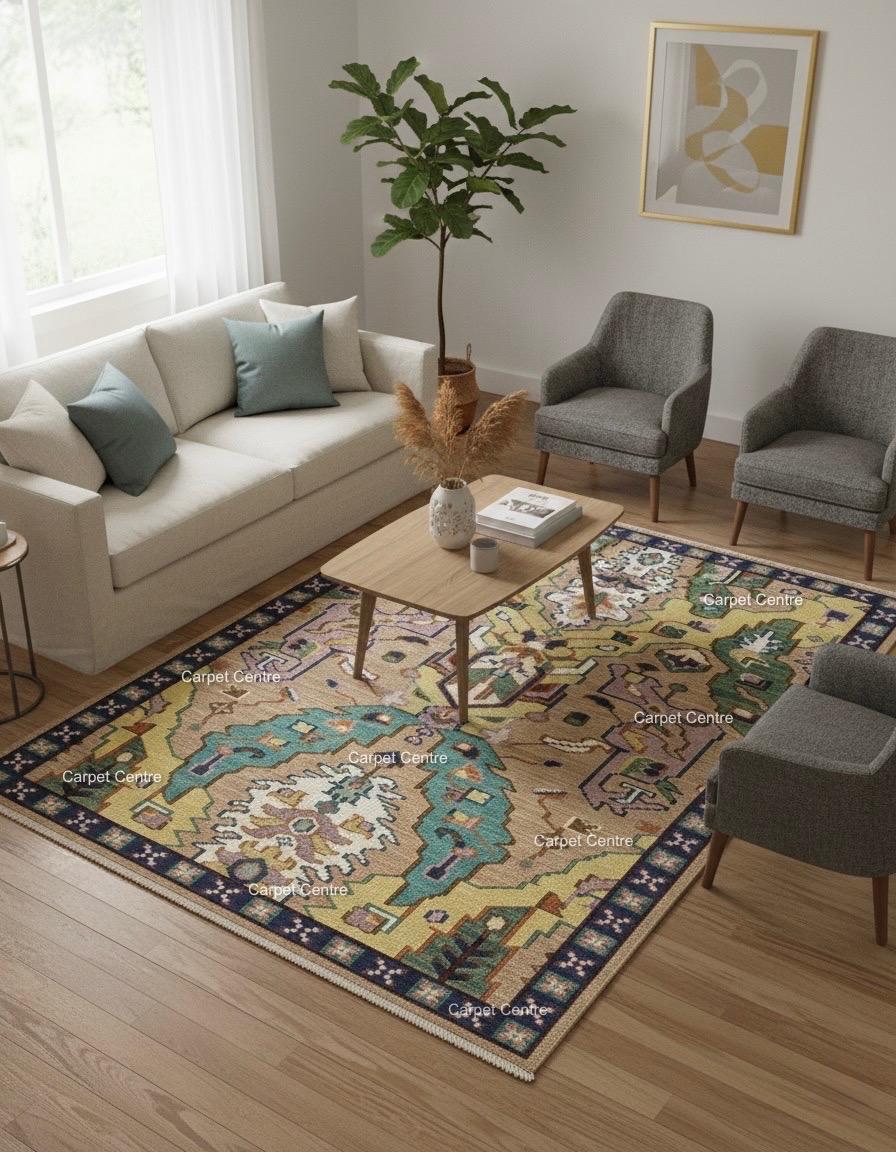 Hand-Knotted Oushak Wool Rug, Teal & Tan Geometric Kilim Design