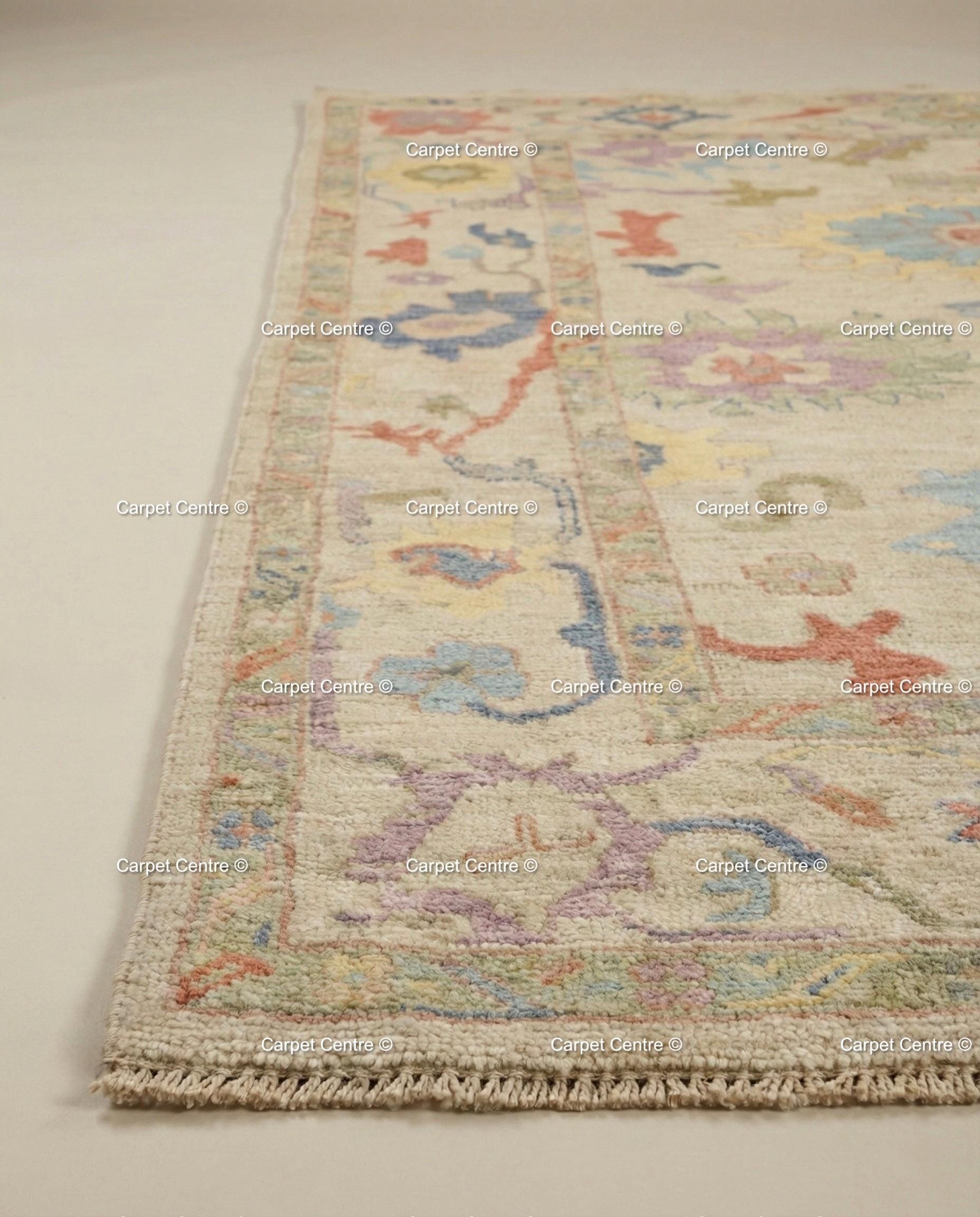 Hand Knotted Wool Oushak Rug – Beige & Pastel Floral, Turkish Knot