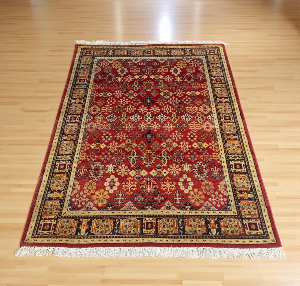 Red New Zealand Wool Rug: Hand-Knotted Geometric 5'7" x 7'10"