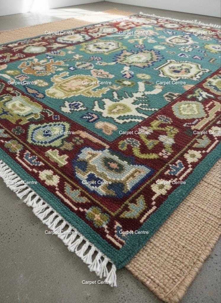Teal Oushak Rug, Hand-Knotted Wool Area Rug, Red Border