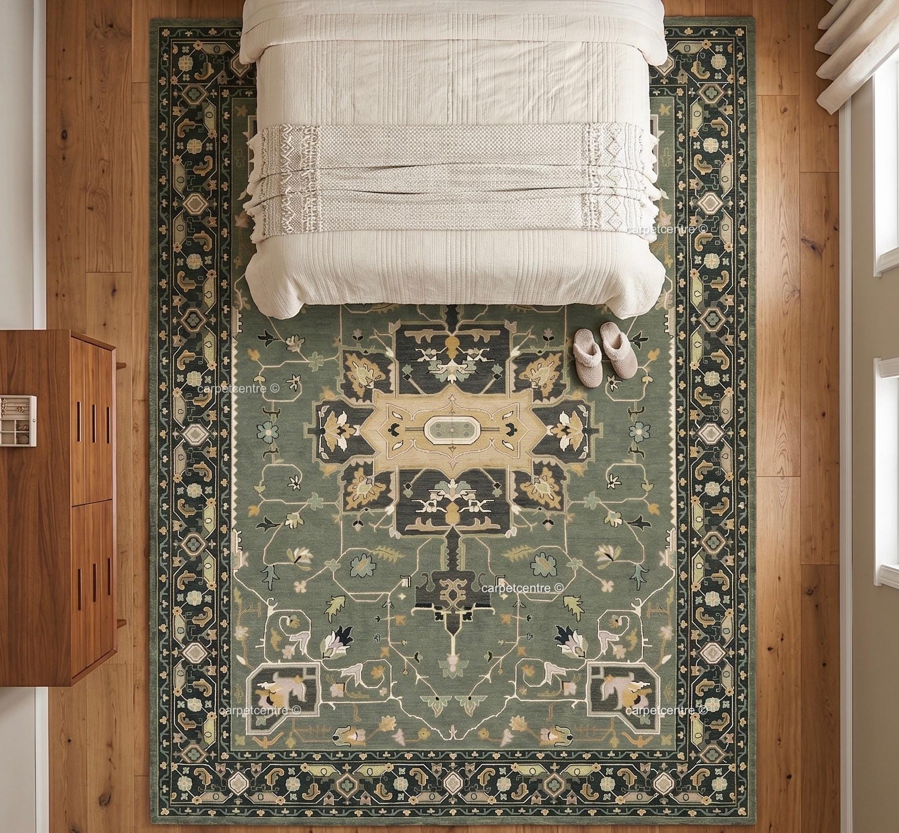 Sage Green Oushak Rug | Hand Knotted Wool Turkish Carpet | Muted Boho Bedroom Rug