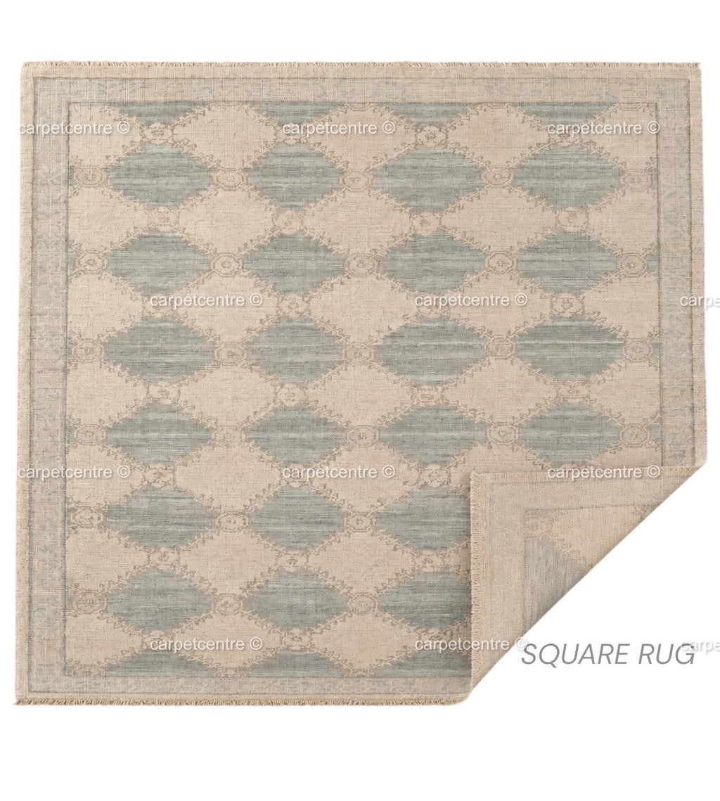 Muted Blue Oushak Rug, Hand-Knotted Wool Geometric Diamond Area Rug