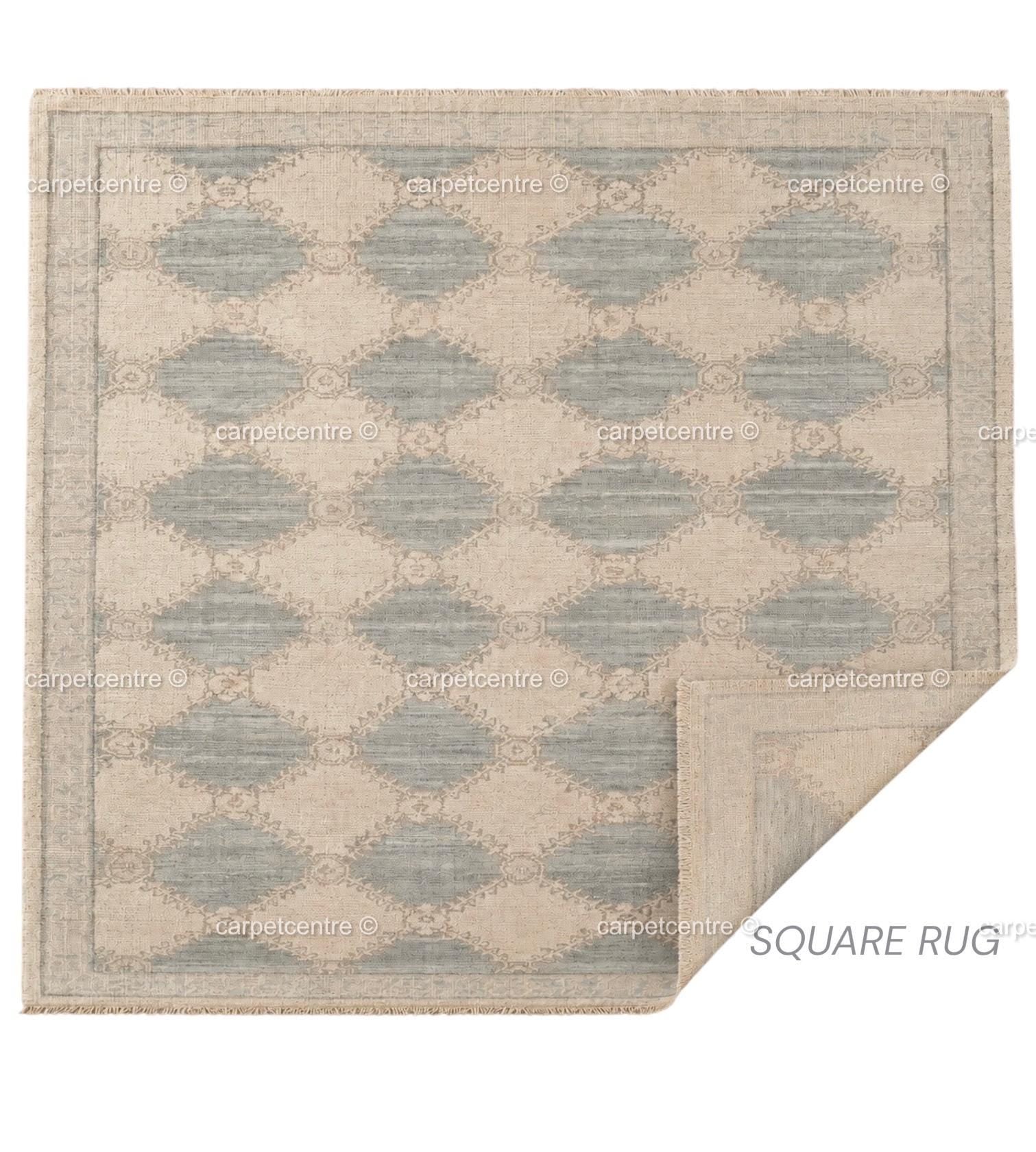 Muted Blue Oushak Rug, Hand-Knotted Wool Geometric Diamond Area Rug