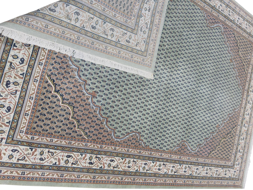 Hand-Knotted Wool Rug 7'9"x5'8", Sage Green Persian Boteh Style Carpet