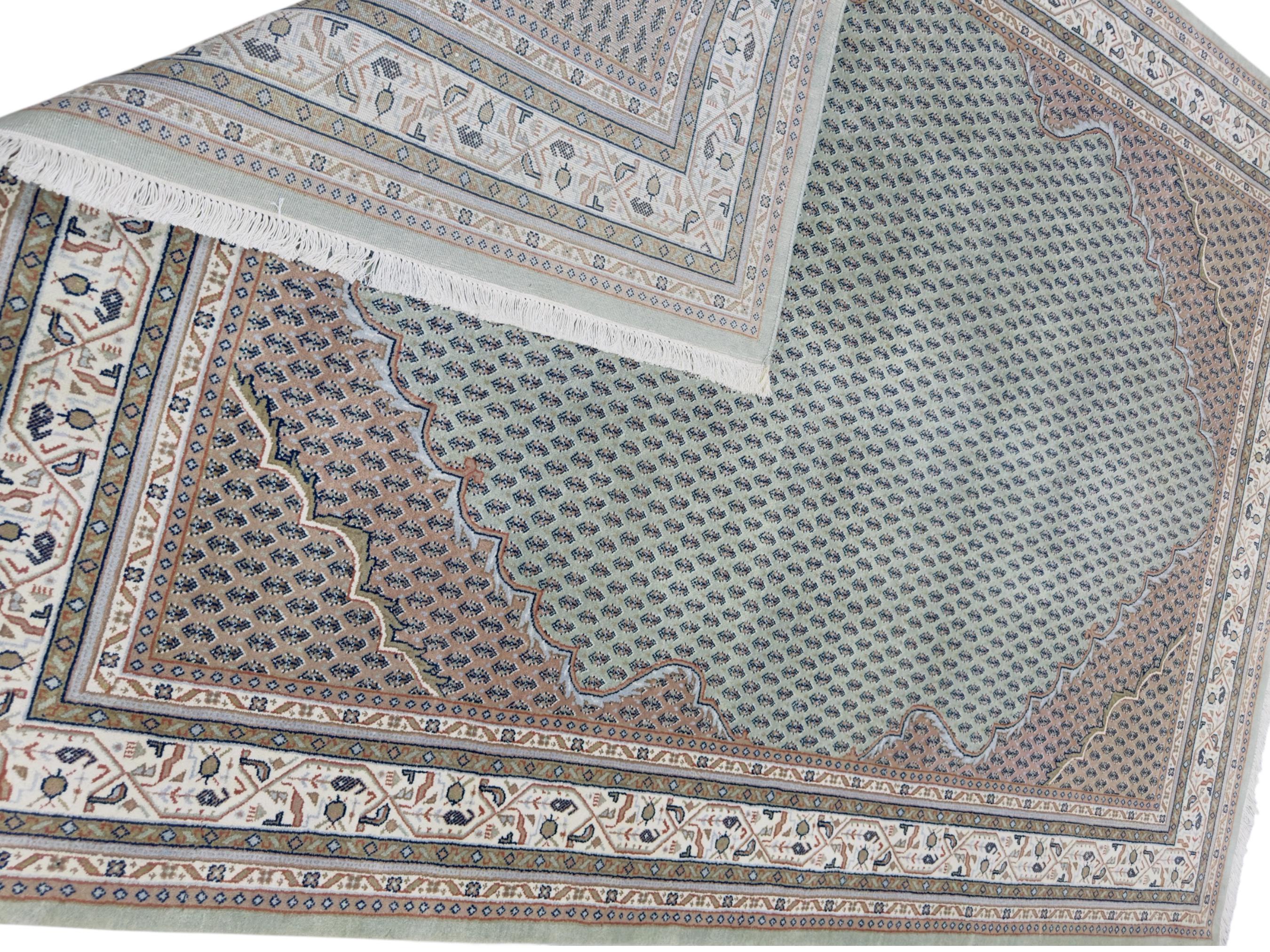 Hand-Knotted Wool Rug 7'9"x5'8", Sage Green Persian Boteh Style Carpet